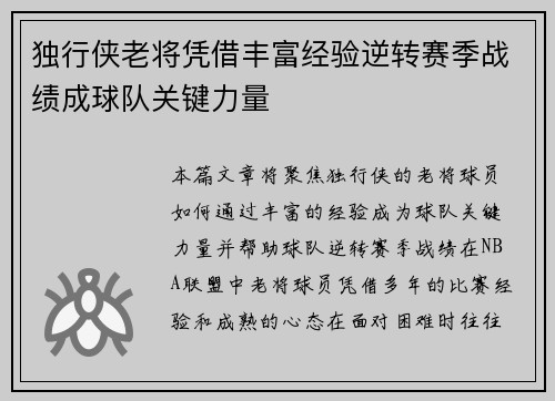 独行侠老将凭借丰富经验逆转赛季战绩成球队关键力量