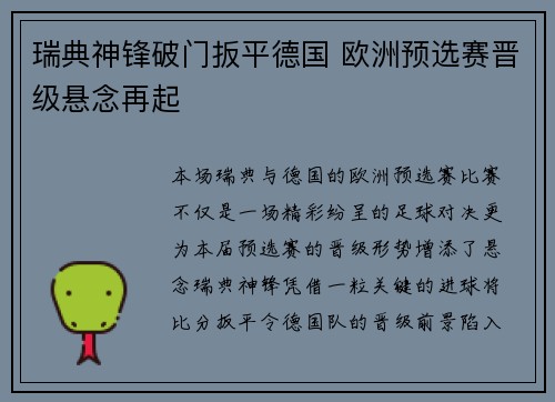 瑞典神锋破门扳平德国 欧洲预选赛晋级悬念再起